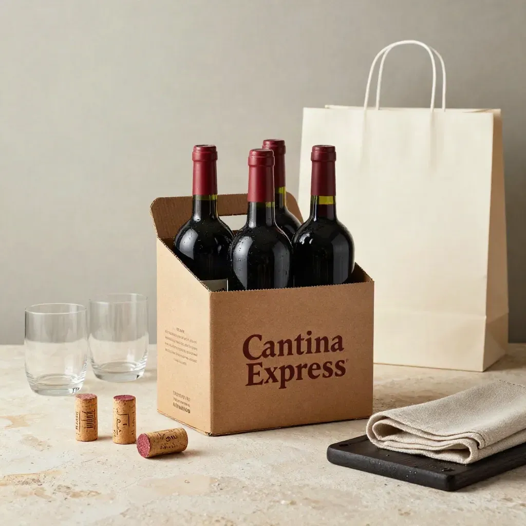 Box di vini rossi con bicchieri, tappi e lino su pietra chiara, luce morbida.