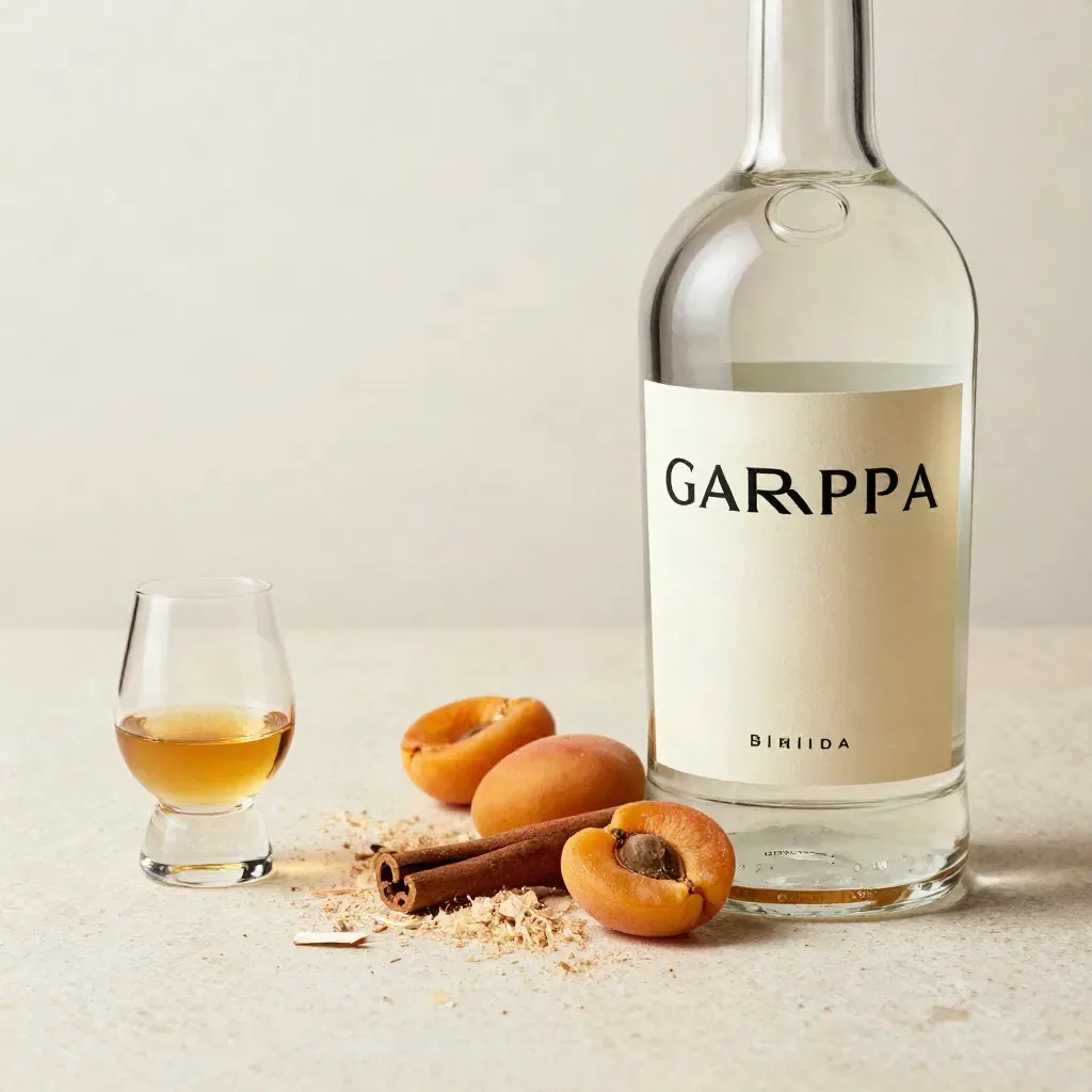 Bottiglia di grappa barriccata con cannella, albicocca secca e bicchierino su travertino e trucioli di legno