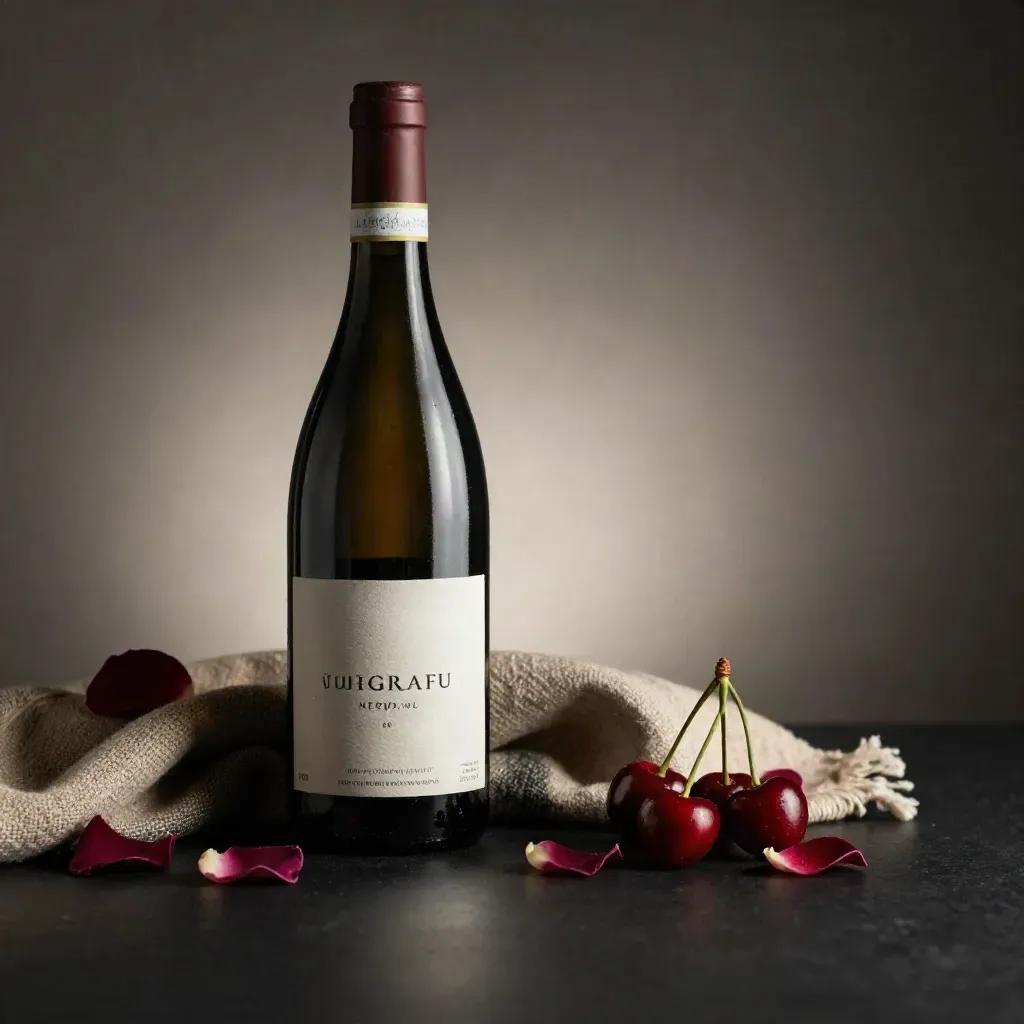 Bottiglia di Langhe Nebbiolo con petali di rosa, ciliegie sour e panno di lana