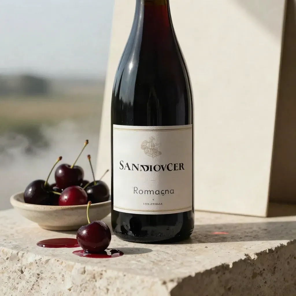 Bottiglia di Sangiovese con ciliegie e ceramica su pietra bagnata, luce fredda da cantina.