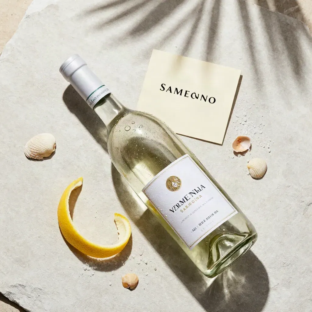 Bottiglia di Vermentino su intonaco chiaro con limone, sale e conchiglie delicate