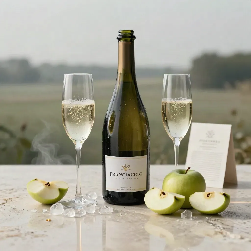 Franciacorta brut con due flute, mela verde e ghiaccio su pietra chiara