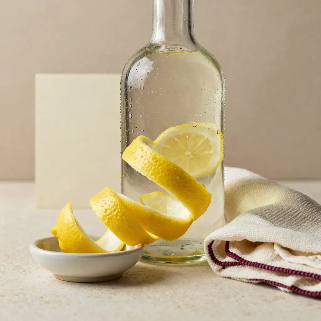 Bottiglia di limoncello, scorze di limone, piattino ceramico e canovaccio su travertino.