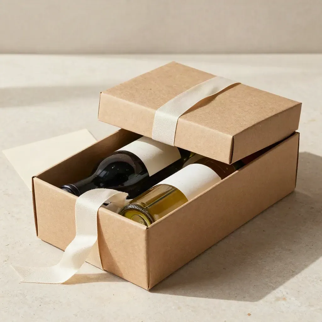 Box regalo con tre bottiglie di vino in carta kraft su pietra chiara.