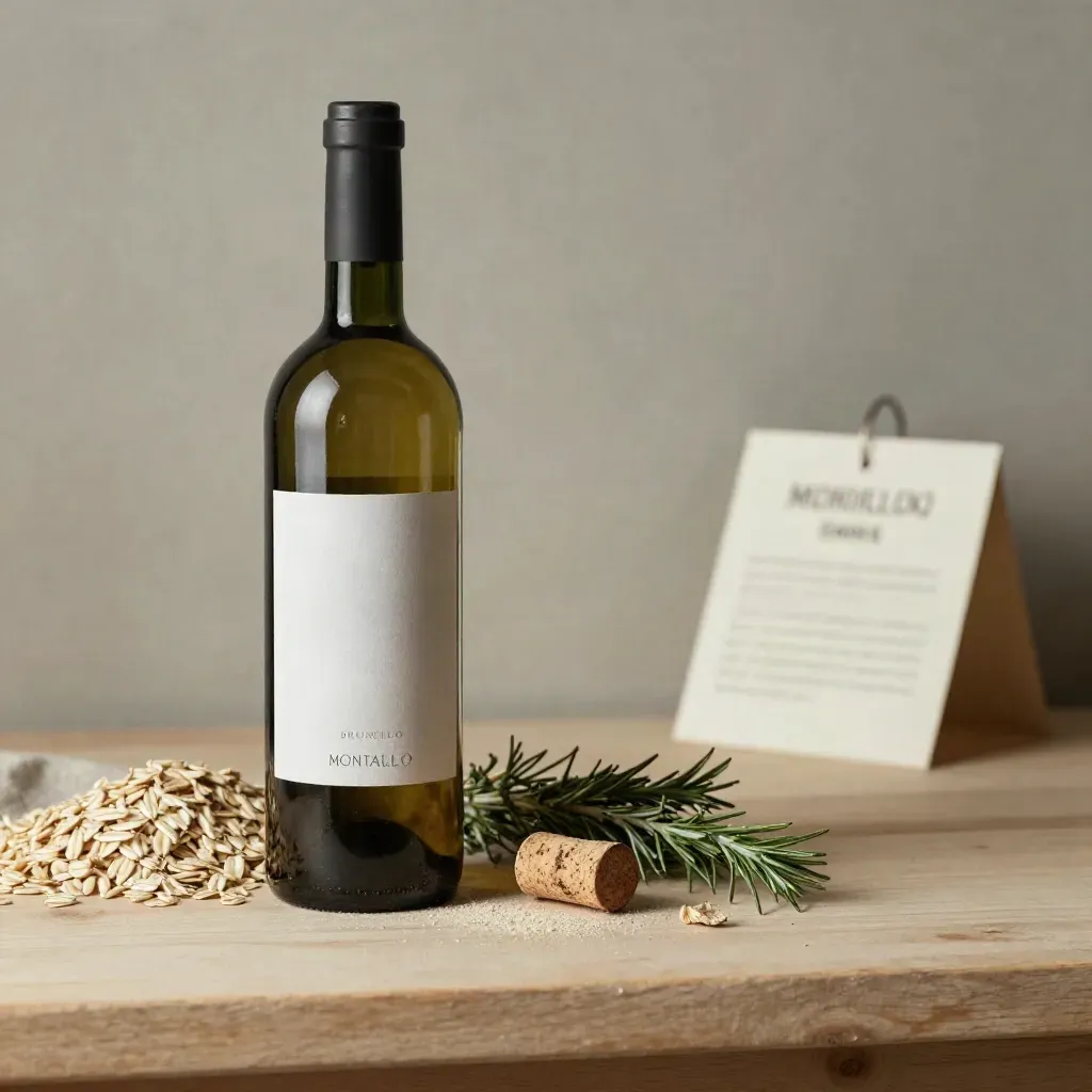 Bottiglia di Brunello con sughero, lino grezzo ed erbe secche su legno chiaro.